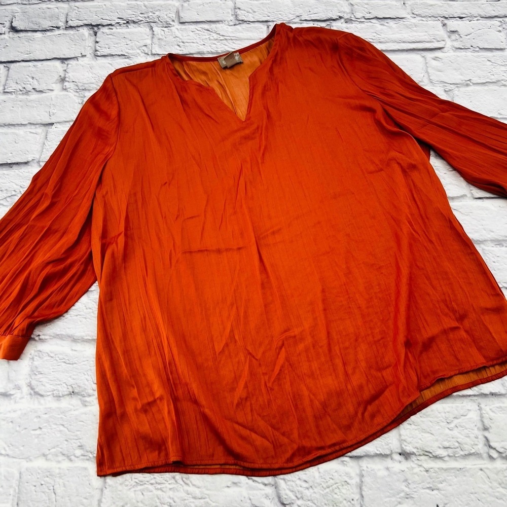Chico's Burnt Orange V-Neck Blouse Long Sleeve Size 2 Large Casual Pullover
